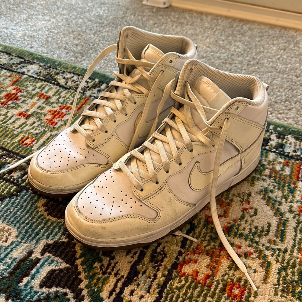 Nike Dunk Hi Top White and Beige Sneakers